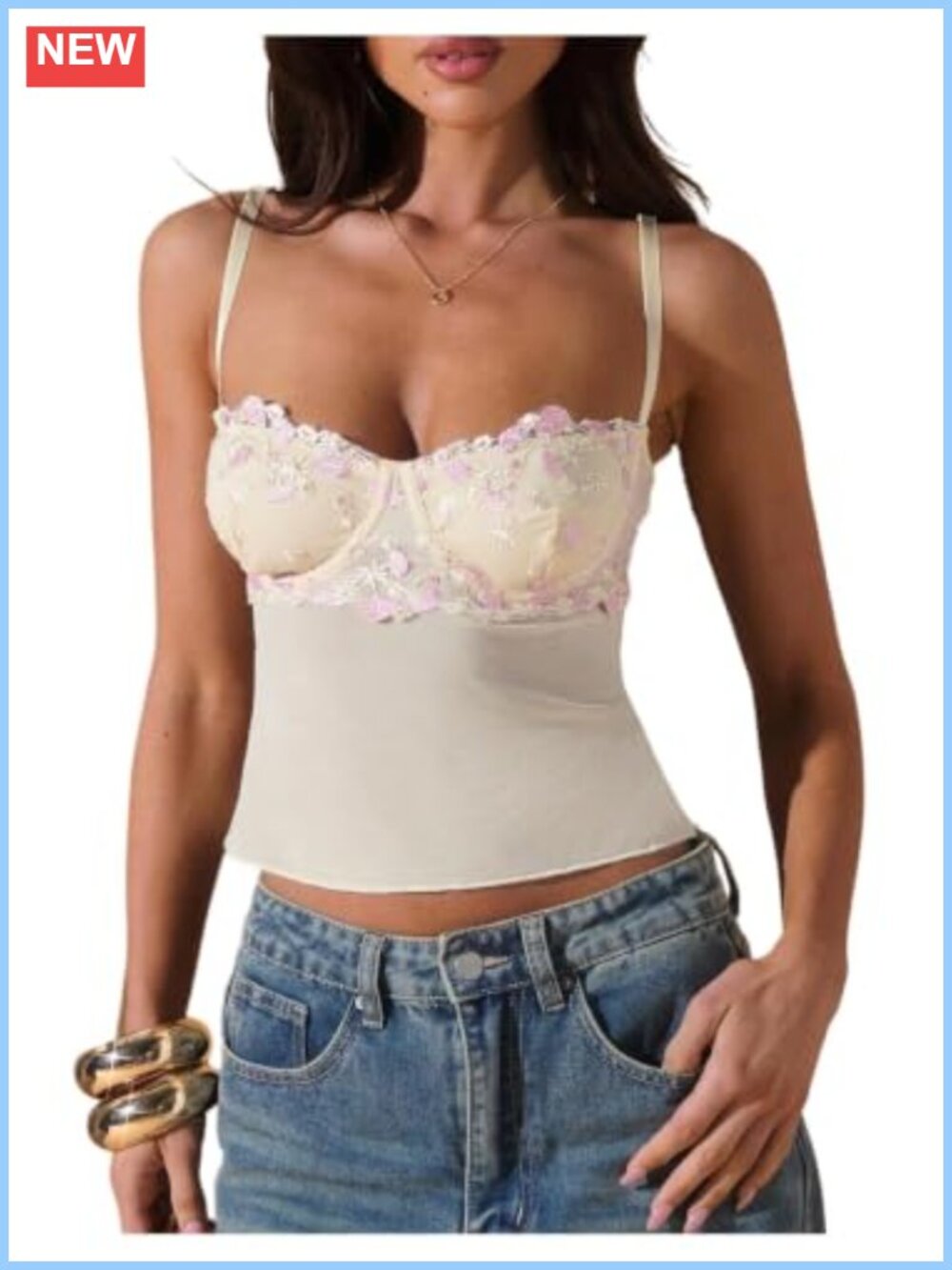 Floral Lace Mesh Spaghetti Strap Cami Top Sleeveless Slim Fit